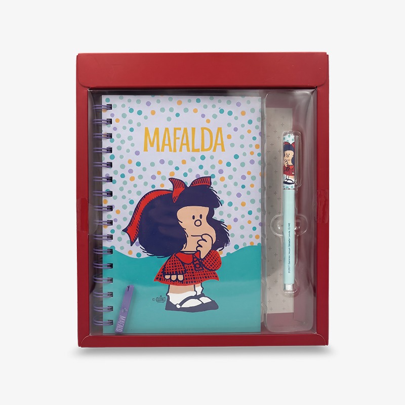 Set cuaderno 21x14 cm tapa dura con espiral 100 hojas rayadas + bolígrafo Mafalda
